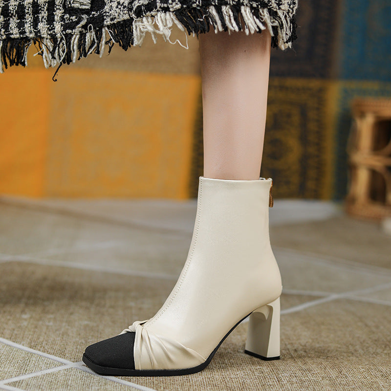 French Retro Hepburn Style Short Chunky High Boots