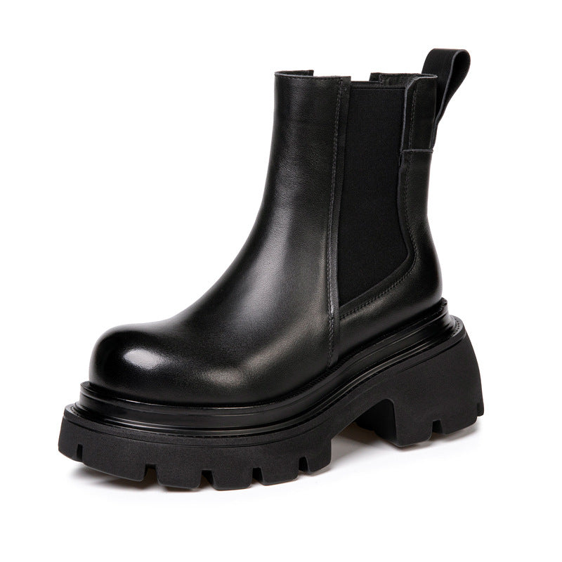 Women's First Layer Cowhide Martin British Platform High Smoke Pipe Retro Heels