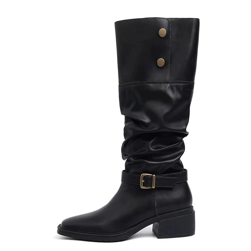 Women's Platform Two-way Belt Buckle Pile Style Thick Boots