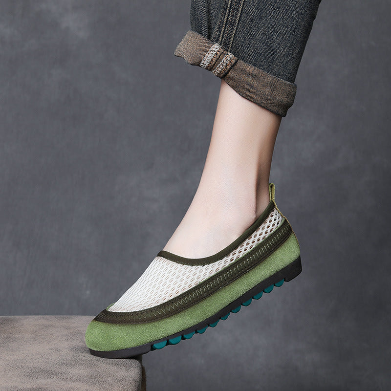 Women's Layer Cowhide Retro Breathable Mesh Slip-on Comfortable Women's Casual Shoes