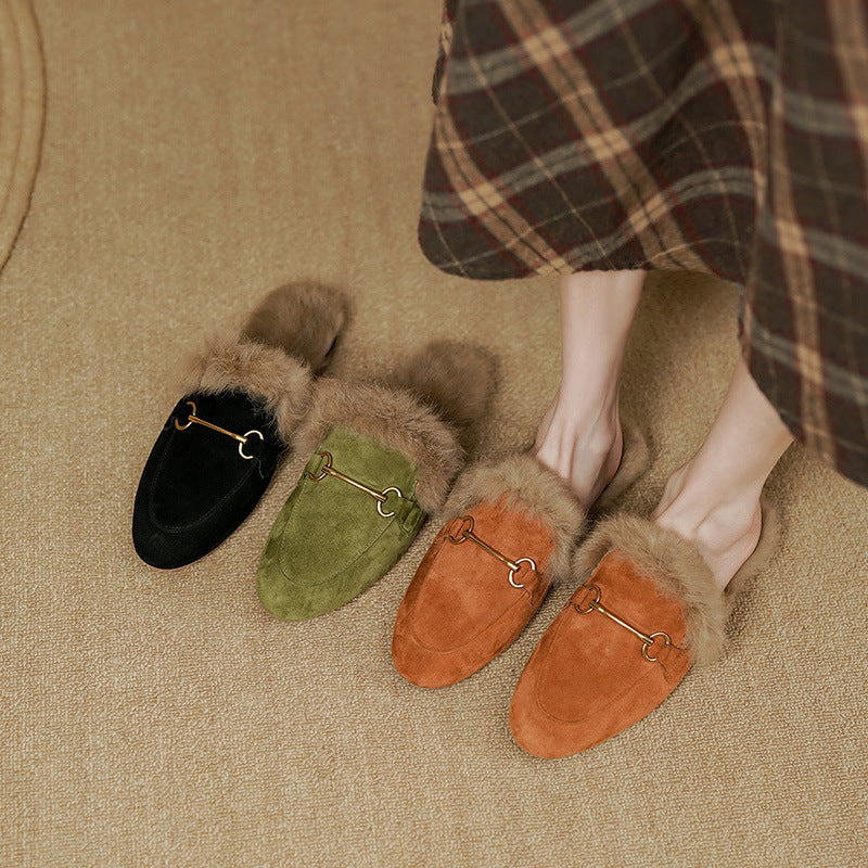 Women's Fluffy Sheep Split Rabbit Fur Winter Outer Wear Closed Toe Flat Slippers