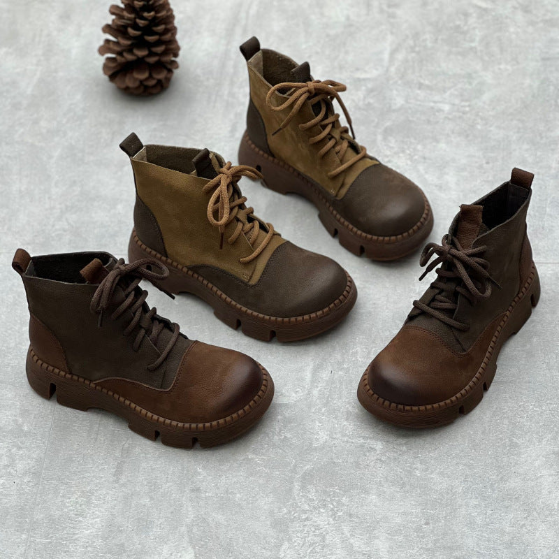 Retro Handmade Genuine Platform Martin Round Toe Women's Leather Boots