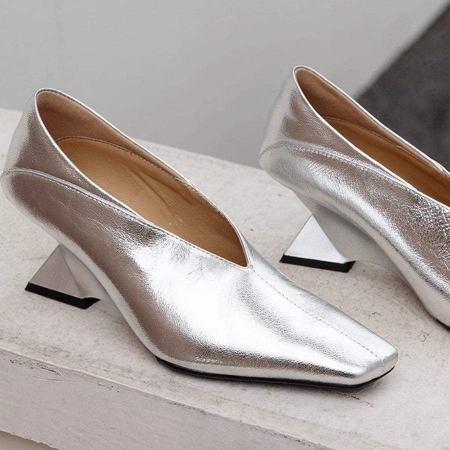 Women's Pumps Low-cut Slip-on Gold Sier Color Square Toe V Cut Women's Fashion Shoes