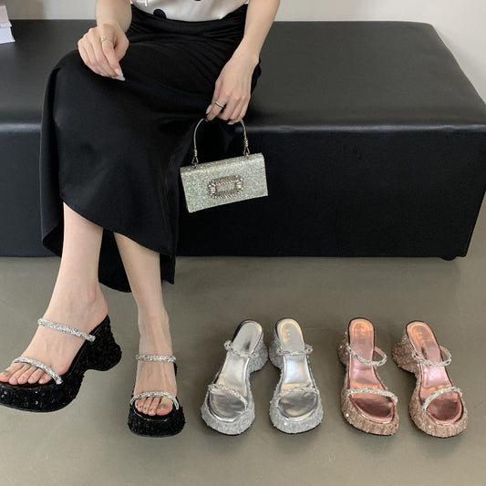 Women's Tax Platform Wedge Summer Wear Fashionable Sequins Transparent Word Toe Thick-soles Slippers