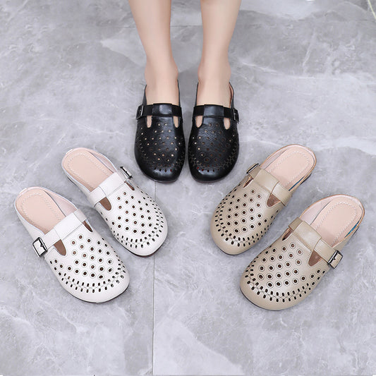 Women's First Layer Cowhide Flat Soft Bottom Hollow Sandals