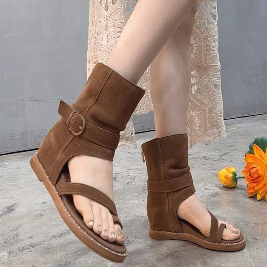 Women's Flip-flops Summer Brown Wedge Hidden Back Zipper Roman Flat Sandals