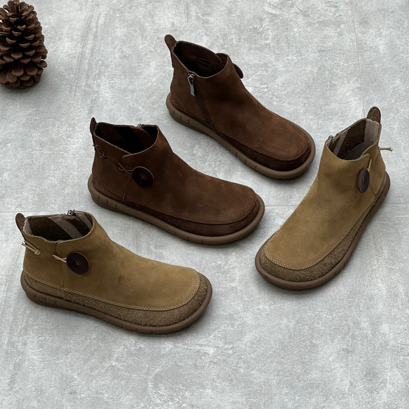 Women's Artistic Crafts Short Retro Mori Style Round Toe Flat Bottom Women's Leather Boots