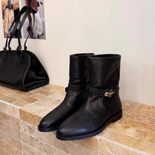 Women's Cow Pattern Version Korean Style Niche Belt Buckle Skinny Boots
