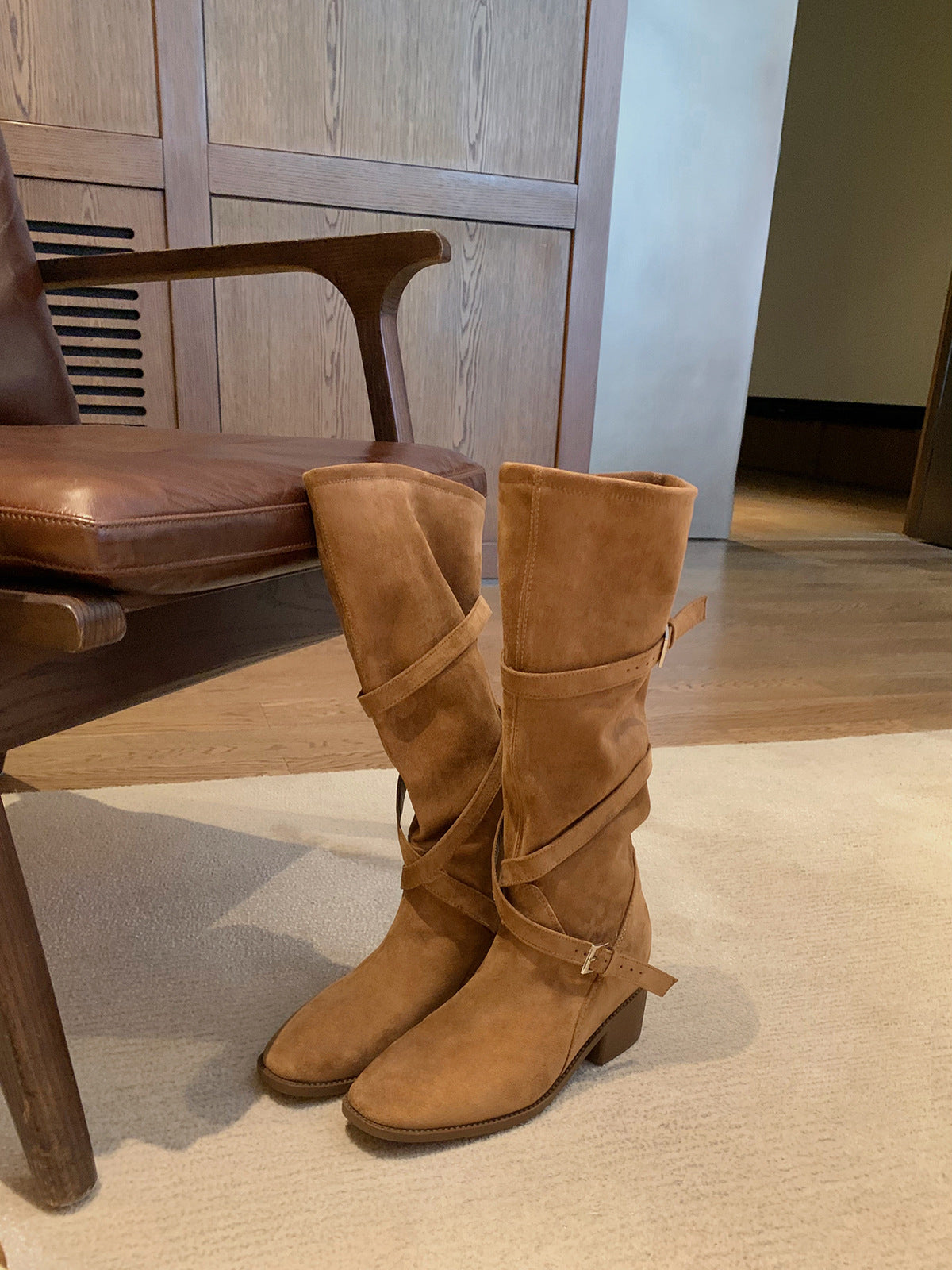 Women's Mom High Pile Style Cross Buckle Strap Tube Knee-high Knight Boots