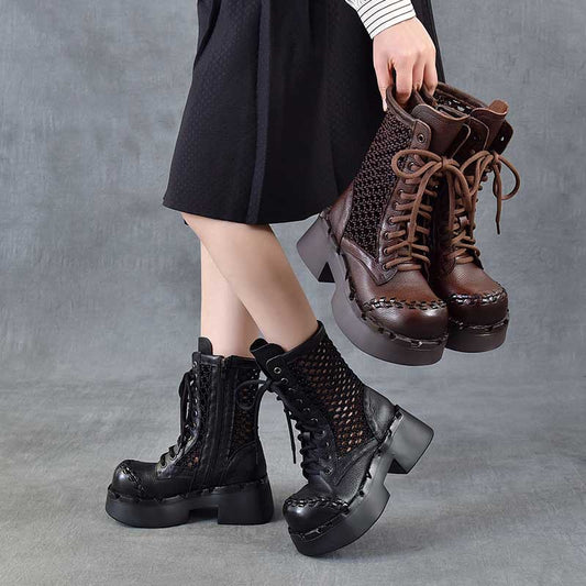 With First Layer Of Cowhide Mesh Chunky Martin Platform Sandals