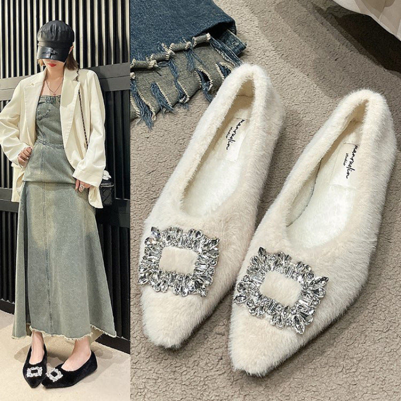 Toe Shallow Mouth Fluffy Female Temperament Flat Women's Shoes