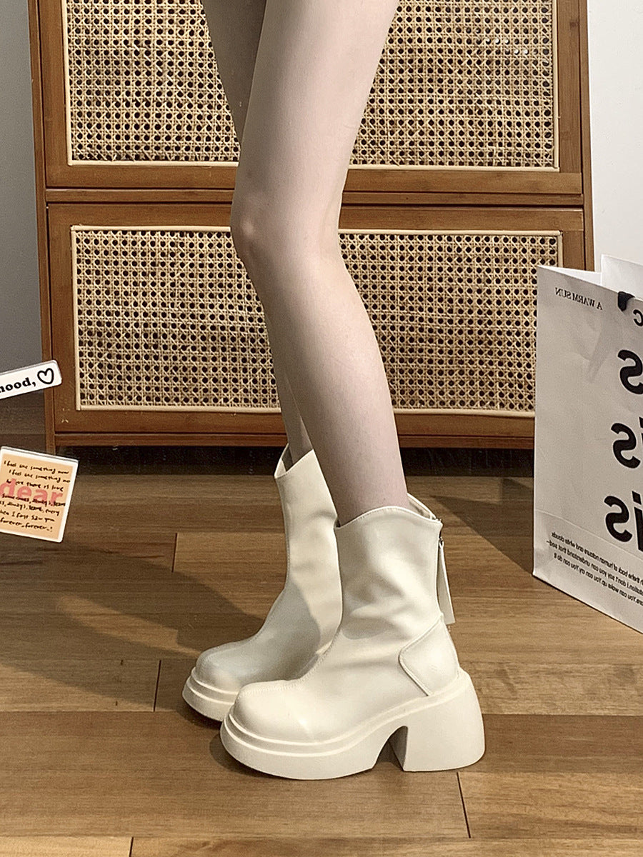 Women's Skinny Short Chunky High Platform White Boots