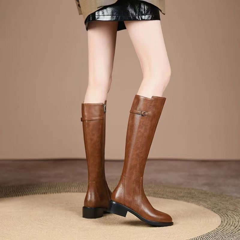Women's Retro Brown Square Toe Chunky Below The Knee Side Heels
