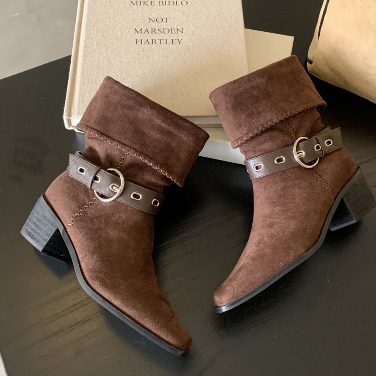 Women's Knight Vintage Suede Northwest Style Cowboy Square Toe Chunky Women's Leather Boots