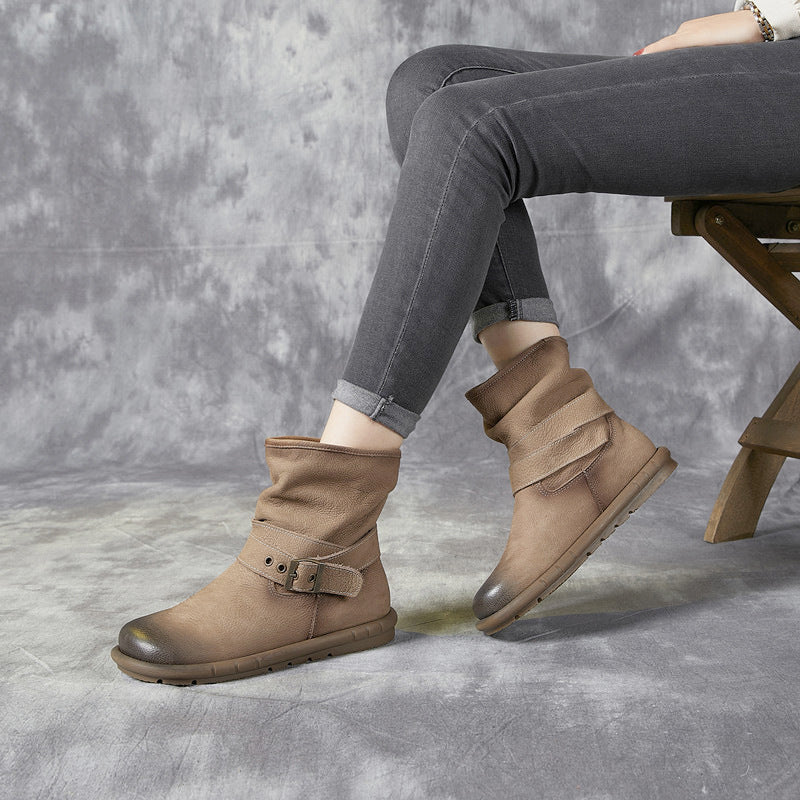 Women's Genuine Single Mori Style Retro Round Toe Comfortable Soft Bottom Women's Leather Boots