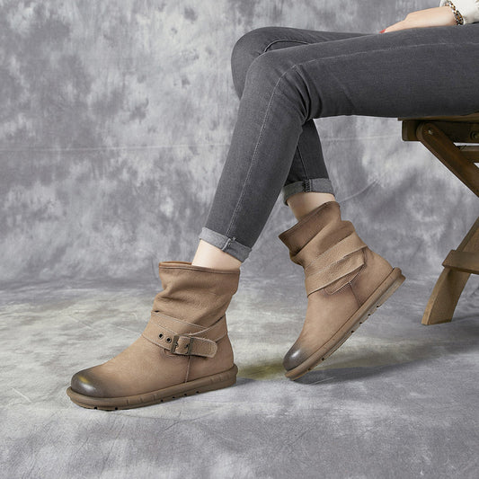 Women's Genuine Single Mori Style Retro Round Toe Comfortable Soft Bottom Women's Leather Boots