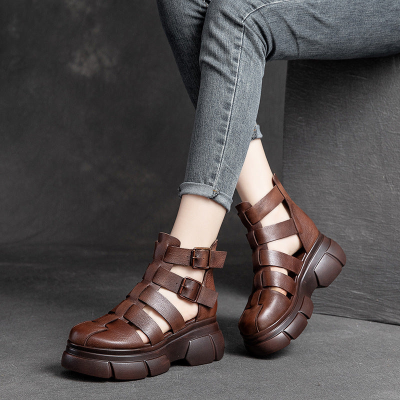 Velcro Round Toe Cowhide Martin Roman Boots