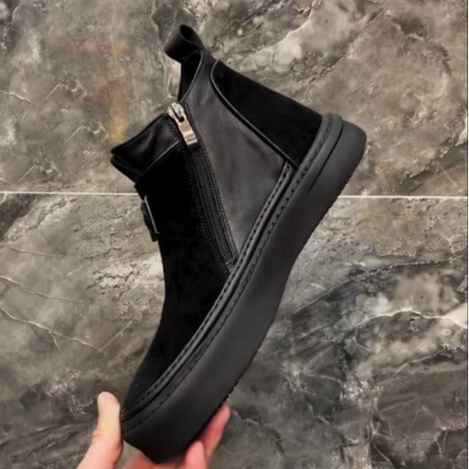 Men's Autumn Slip-on Pure Black Tide Cotton Men's Casual Leather Shoes