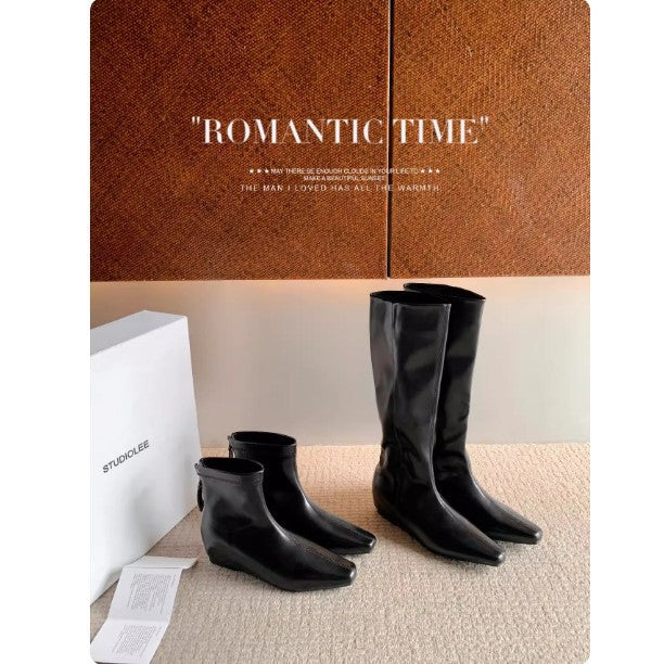 Version Height Increasing Insole Minimalist Square Toe Back Women's Leather Boots