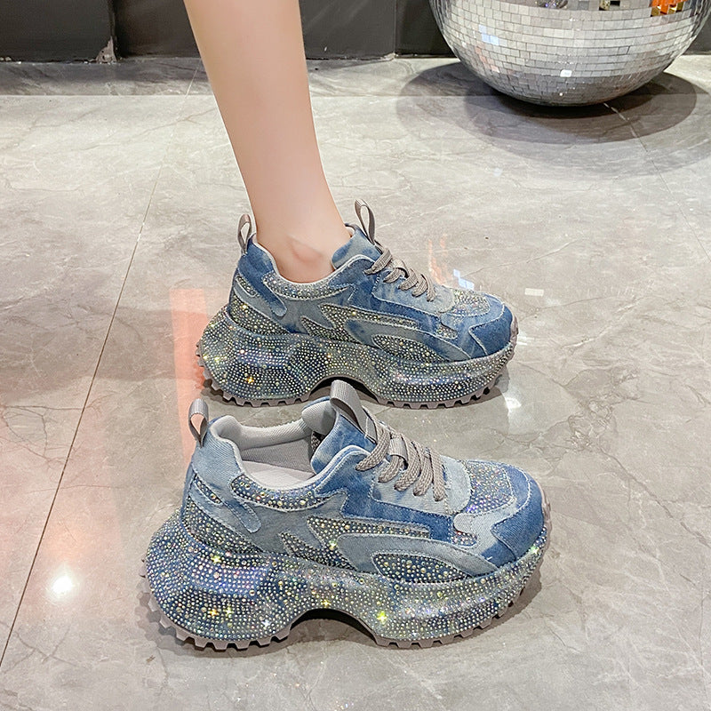 Women's Large Size Starry Rhinestone Dad Platform Height Women's Sports Shoes