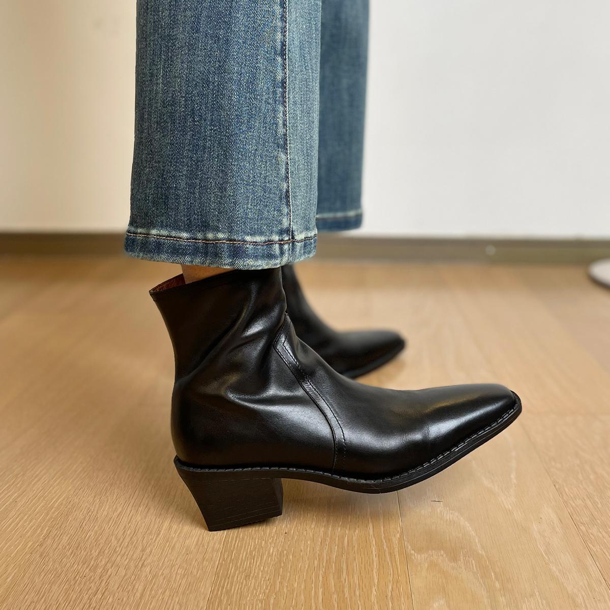 Women's Washed First Layer Cowhide Square Toe Short Chunky High Boots