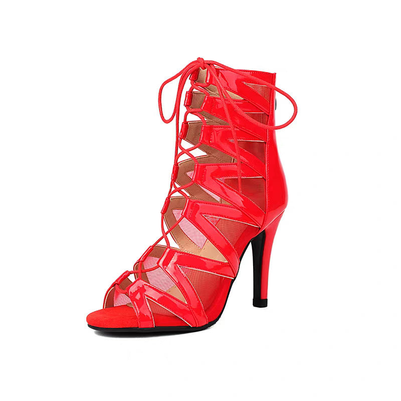 Jazz Dance Belt Buckle Hollow Mesh Fish Mouth Booties Sexy High Heeled Sandals