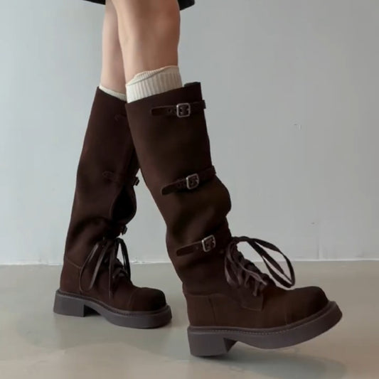 Chunky High Female Suede Knight Versatile Women's Leather Boots