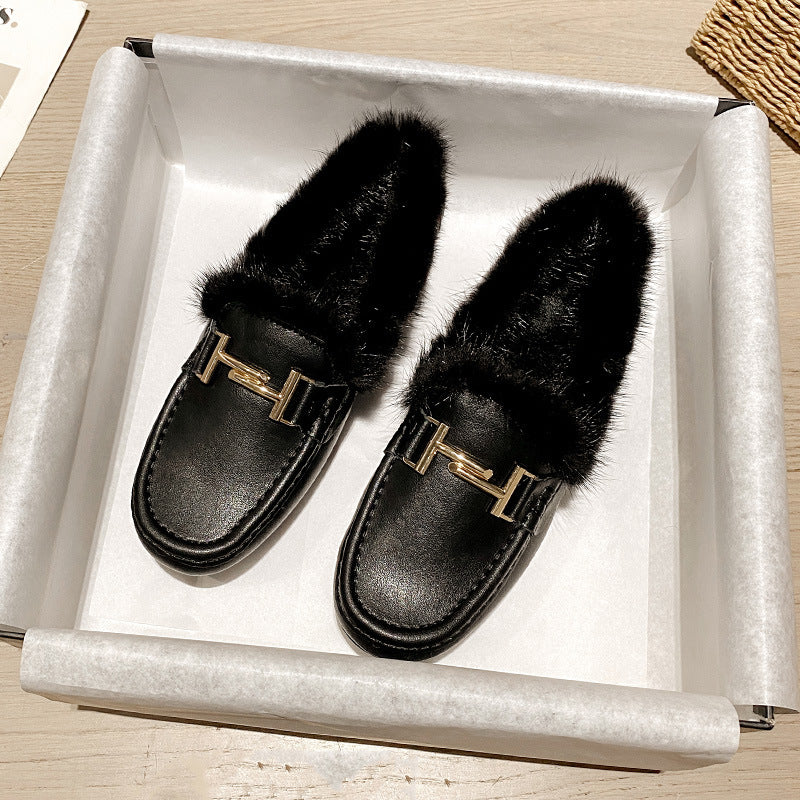 Women's Padded Flat Fluffy Outer Wear Slip-on Women's Shoes