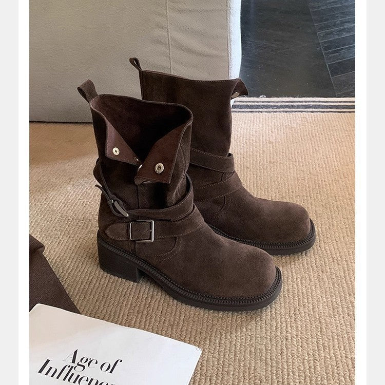 Increasing Chunky Platform Buckle Cow Suede High-heeled With Short Tube Heels