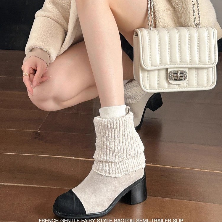 Classic Style Stretch Sock High Chunky Knitted Wool Fashion Women's Leather Boots