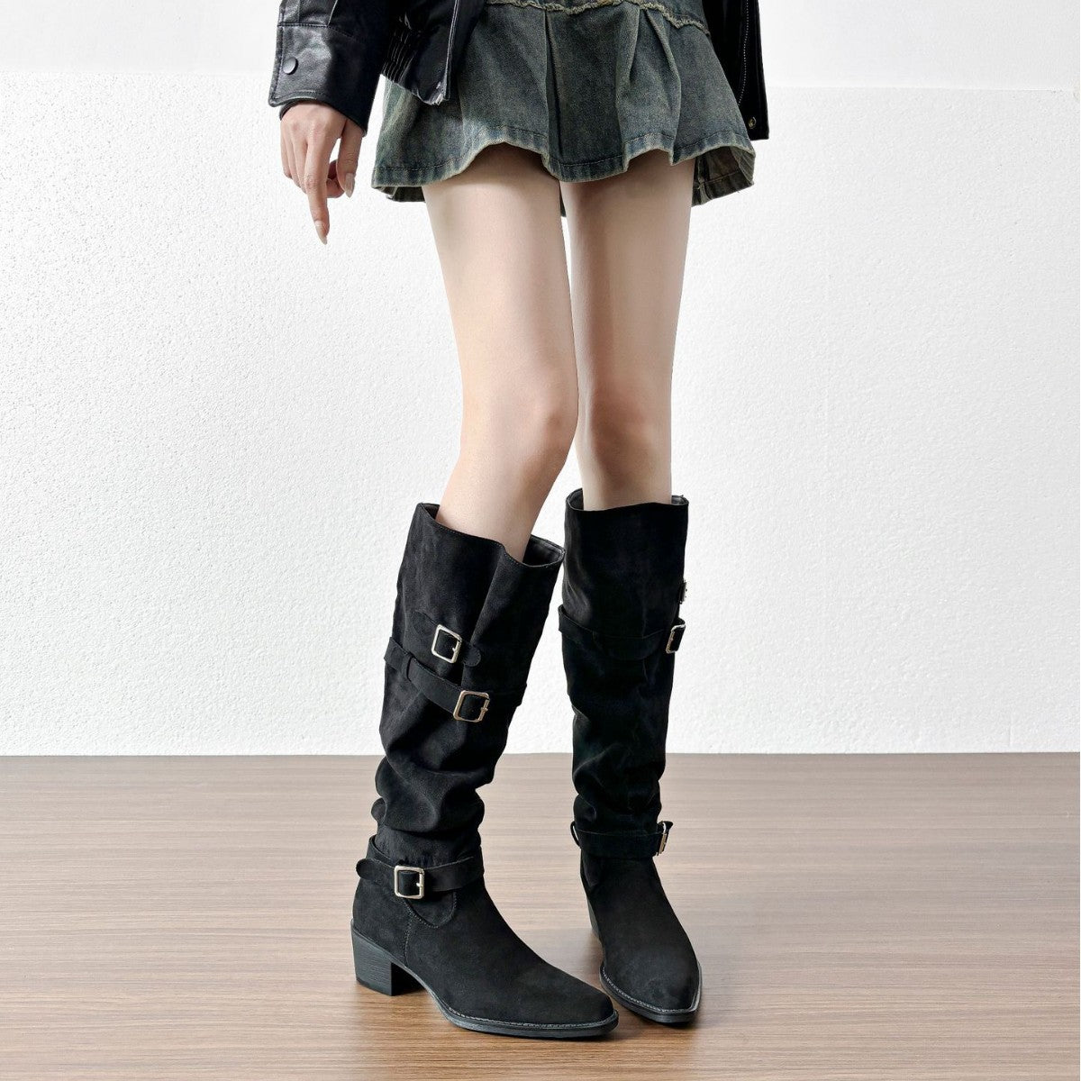 Women's Square Toe Chunky Korean Style Belt Heels