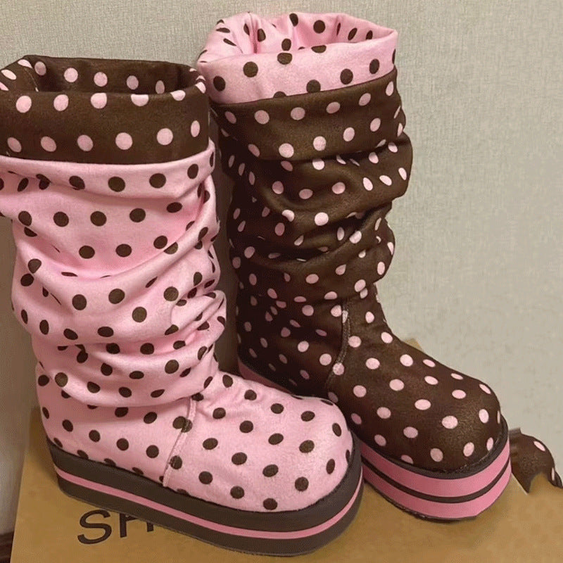 Chocolate Pink Polka Dot Muffin Platform Pleated Length Loose Socks Women's Snow Boots