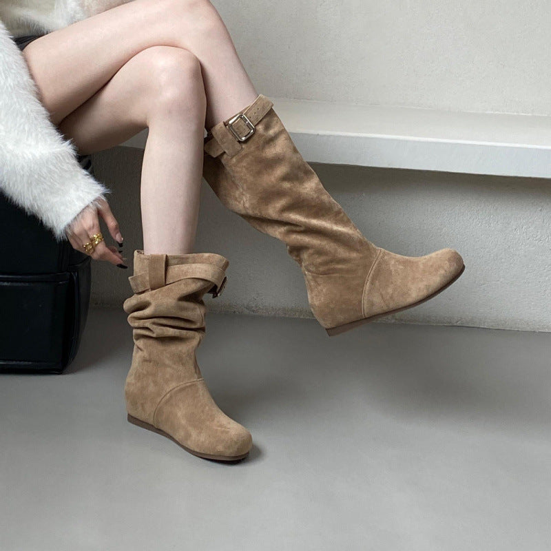 Women's Height Increasing Insole Small Suede Pile Style Riding Women's Leather Boots