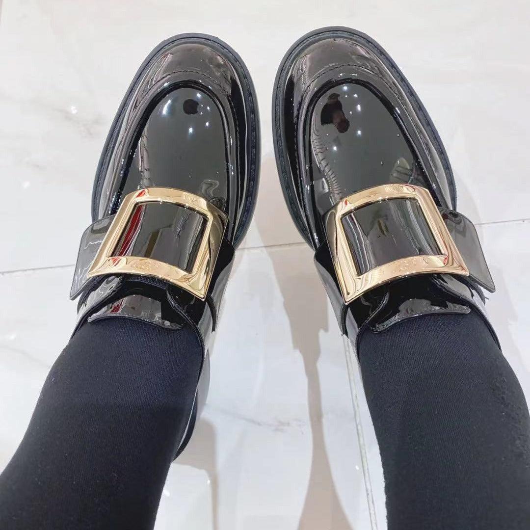 British Style Female Preppy Patent Square Buckle Loafers