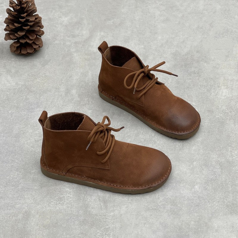Women's Short Round Head Flat Mori First Women's Leather Boots