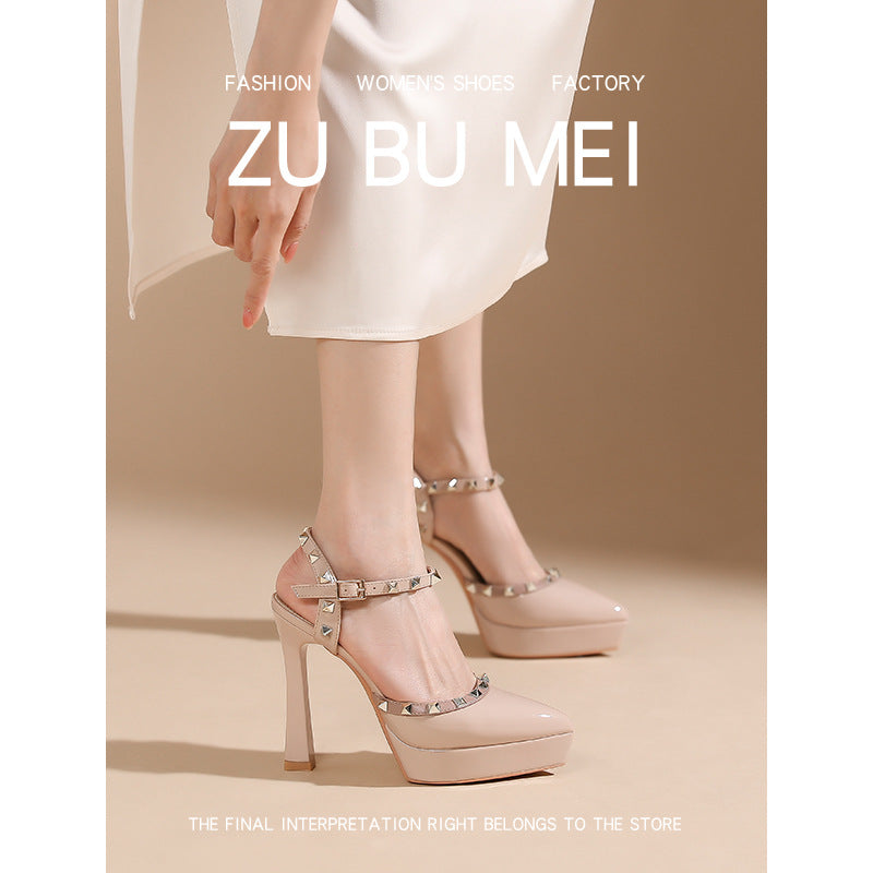 Women's Not Tired Feet Pumps Pointed Toe Stiletto Rivet Cap Back High Heeled Sandals