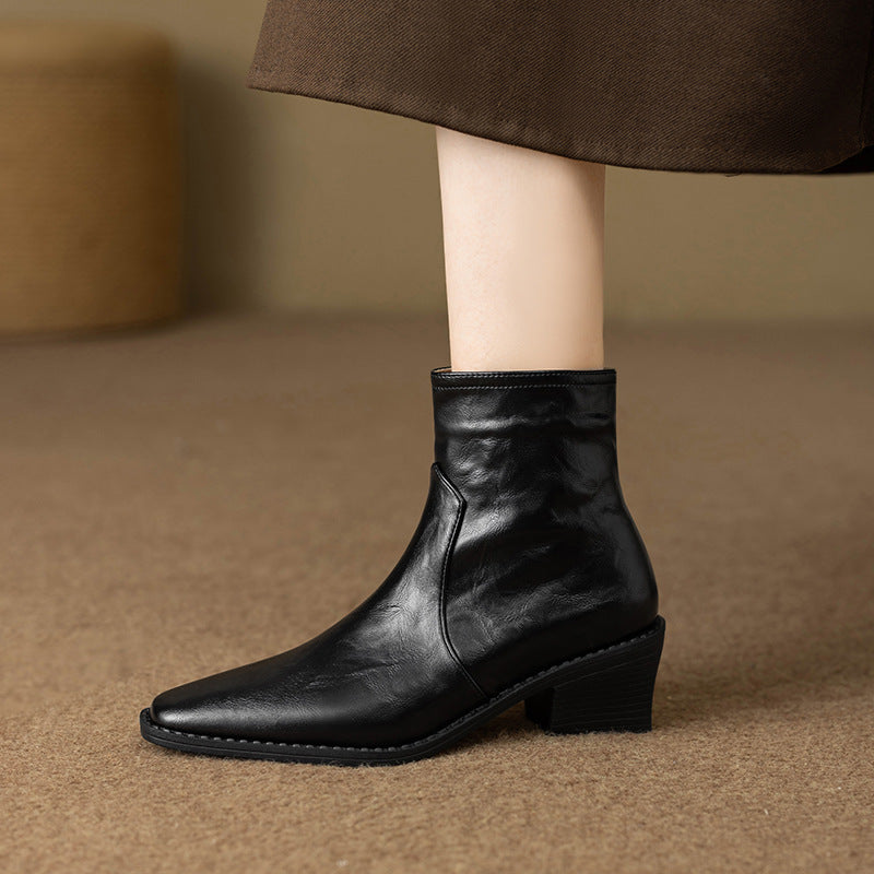 Women's Washed Cowhide Super Comfortable Short Thick Thin Square Toe Boots