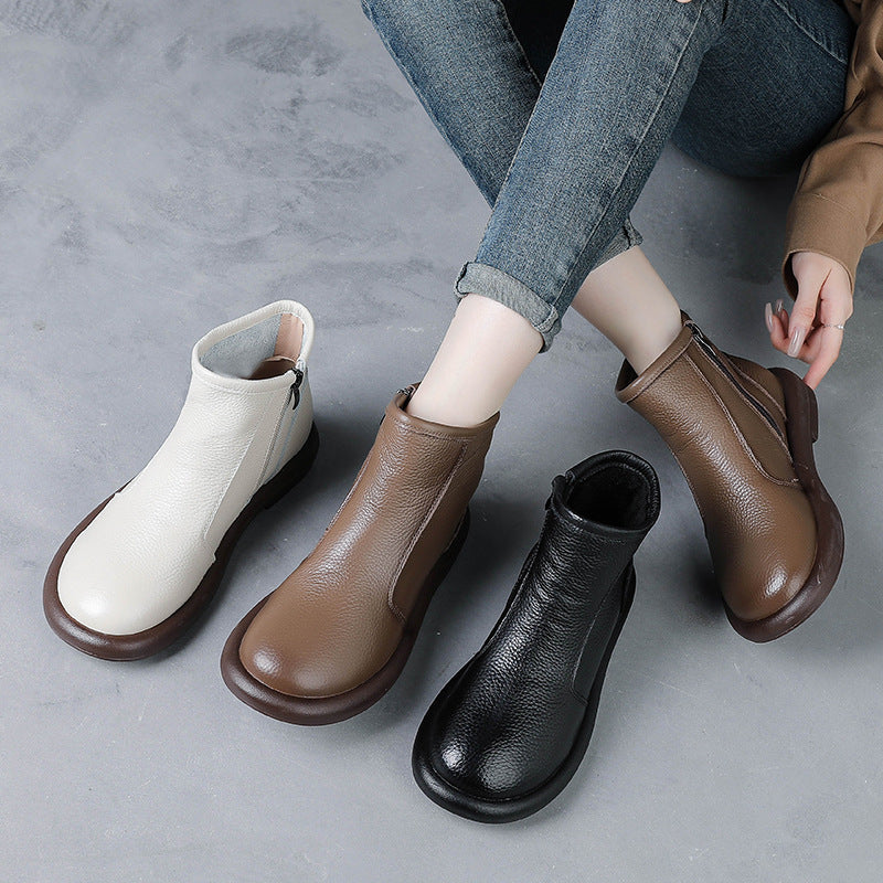 Women's Cowhide Real Wool Low Martin Vintage Genuine Short Round Toe Women's Shoes