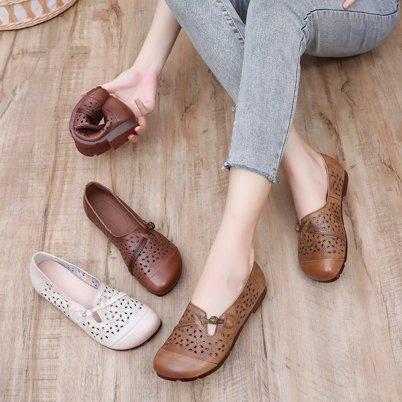 Women's Style Hollow Out Beef Tendon Flat Mom Women's Shoes