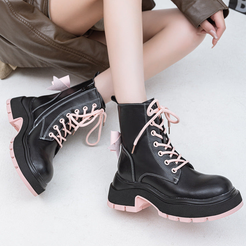 Women's Style Platform Martin Muffin Chunky Black Women's Leather Boots