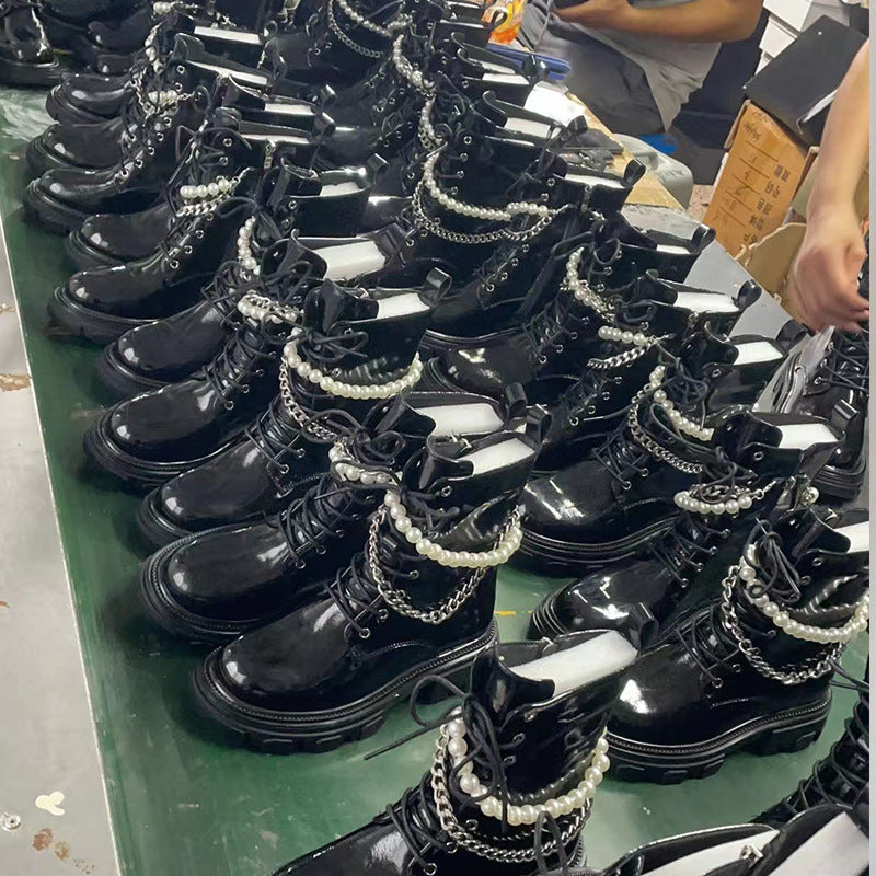 Women's Black Martin Pearl Chain Cool Patent Boots