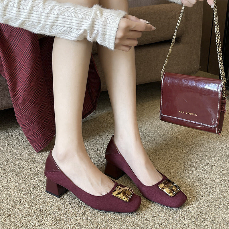 Women's Cashmere Square Toe Chunky Pumps Belt Mary Heels