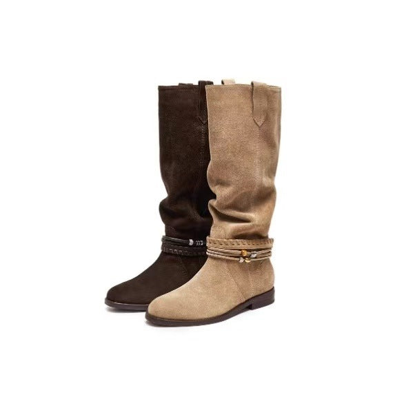 Women's Pastoral Retro Western Cowboy Elegant High-grade Pile Women's Leather Boots
