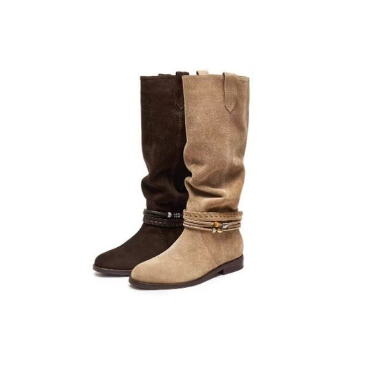 Women's Pastoral Retro Western Cowboy Elegant High-grade Pile Women's Leather Boots