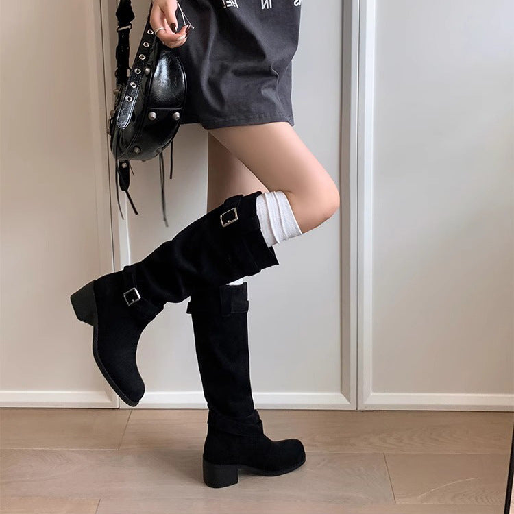 Women's Head Chunky Pile Style Genuine Long Suede Below The Knee Women's Leather Boots