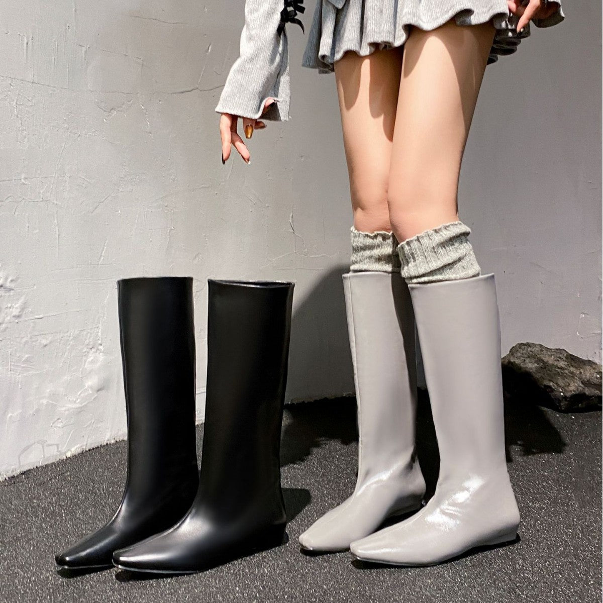Women's Cowhide Version Korean Simple Square Toe Temperament Low Knight Women's Leather Boots