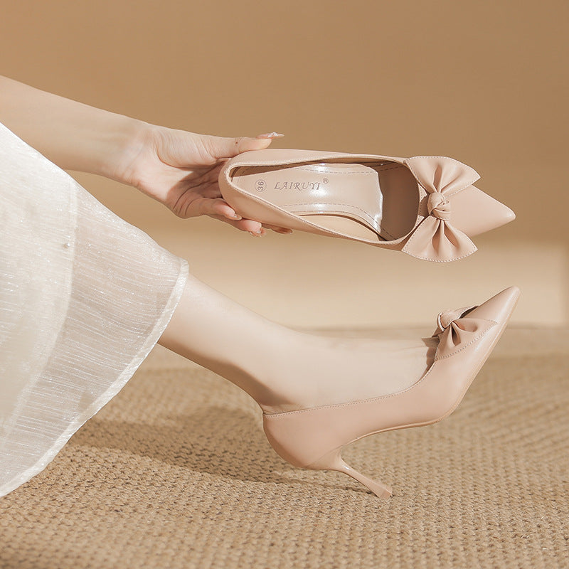 Women's Bowknot High Soft Pumps Stiletto Pointed French Women's Fashion Shoes