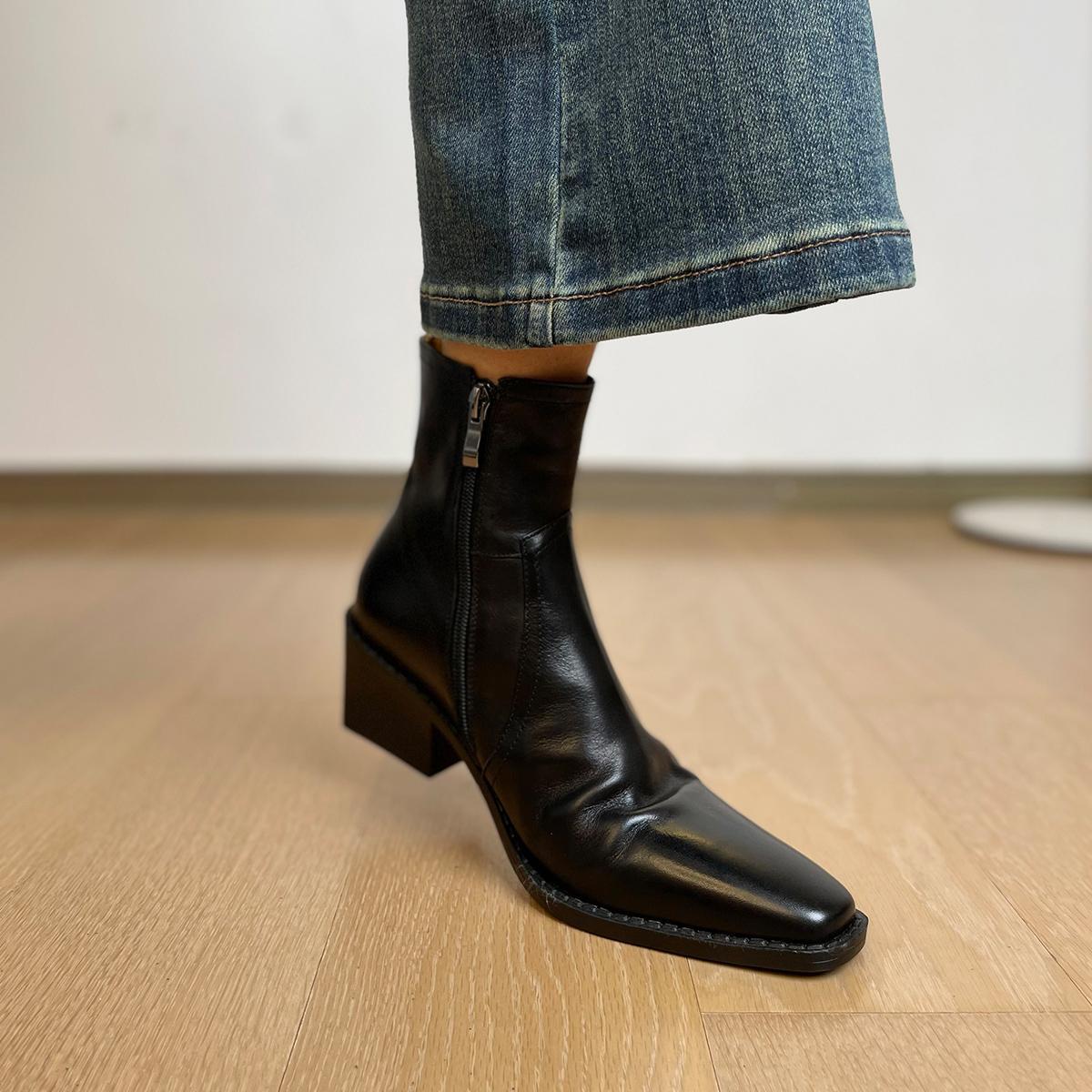 Women's Washed First Layer Cowhide Square Toe Short Chunky High Boots