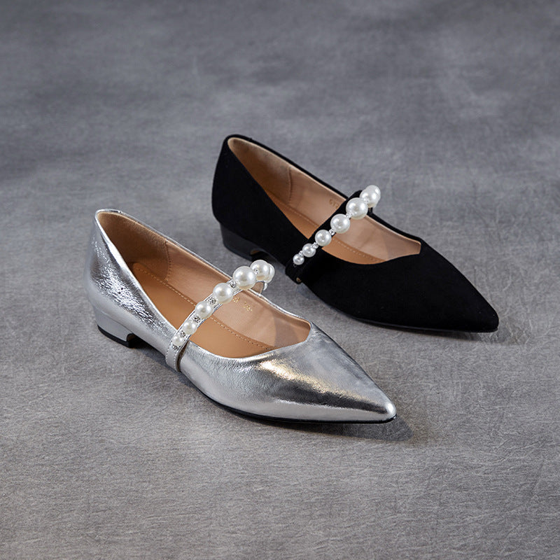 Women's Mary Jane Flat Pointed Pearl Strap Women's Shoes