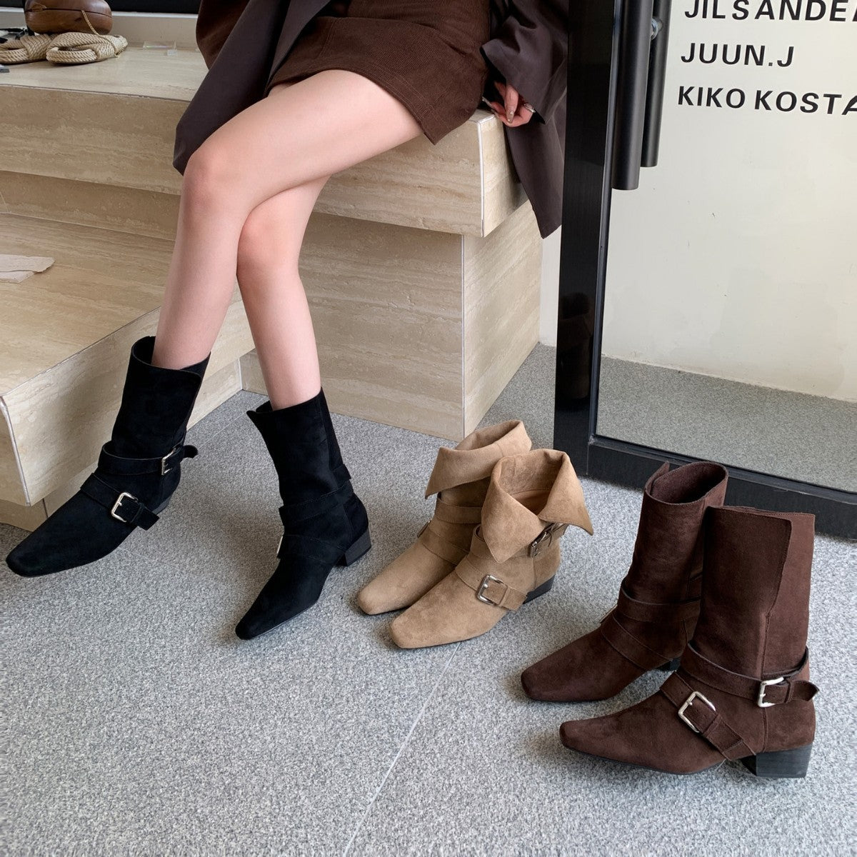 Women's Chunky Vintage Suede Thin Booties Knight French Belt Men's Shoes